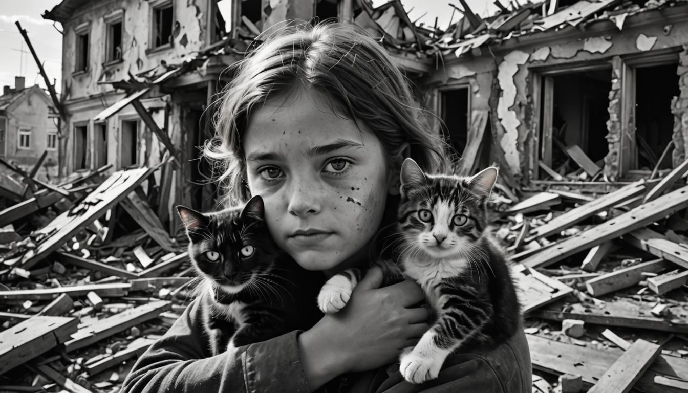 Girl with Cat: Black and White Portrait of Resilience