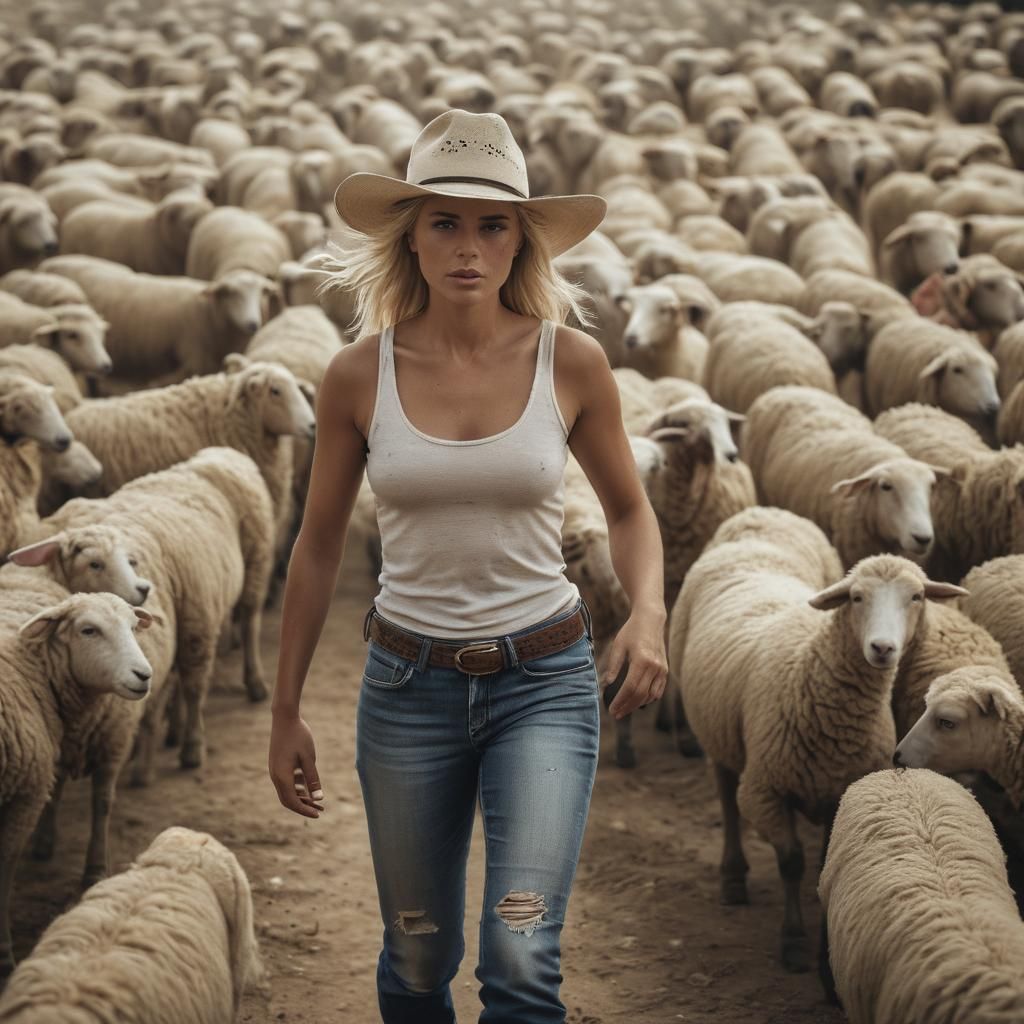 Fit Blonde Woman Herding Sheep in the Sun