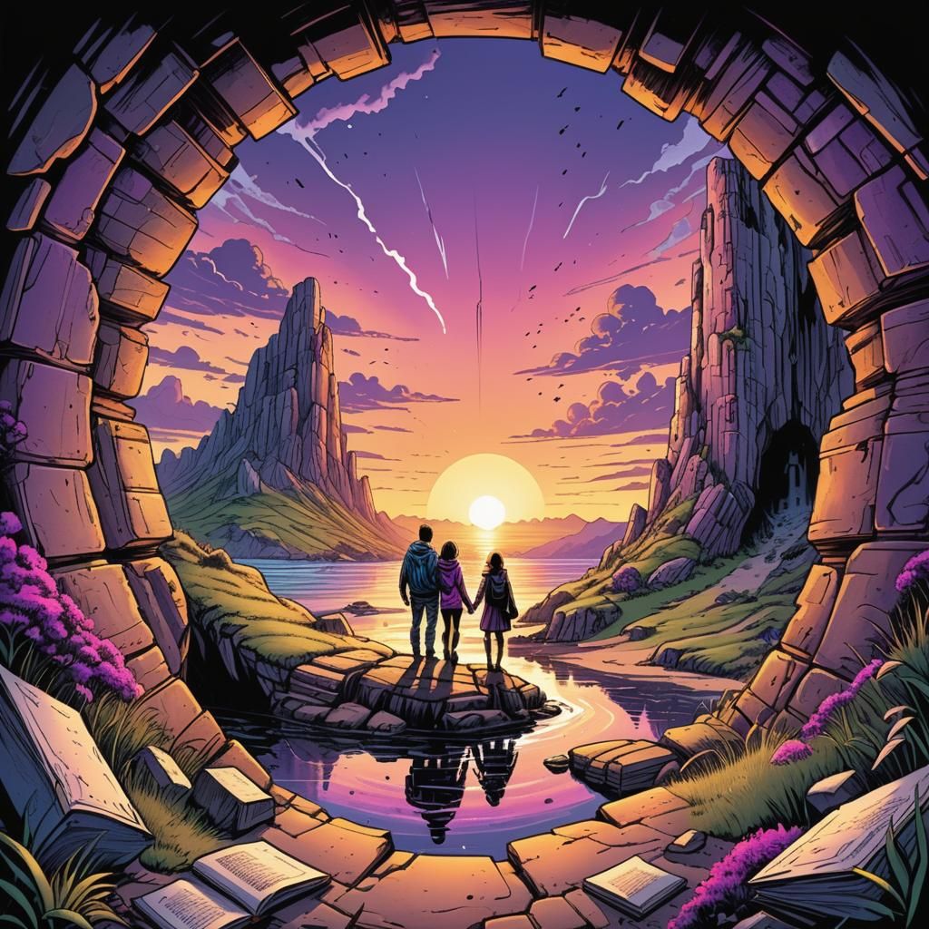Paradise Sunset Through Stone Arch, Comic Book Art