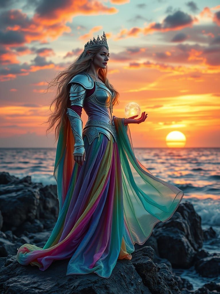 Regal Woman Embracing Ethereal Sunrise