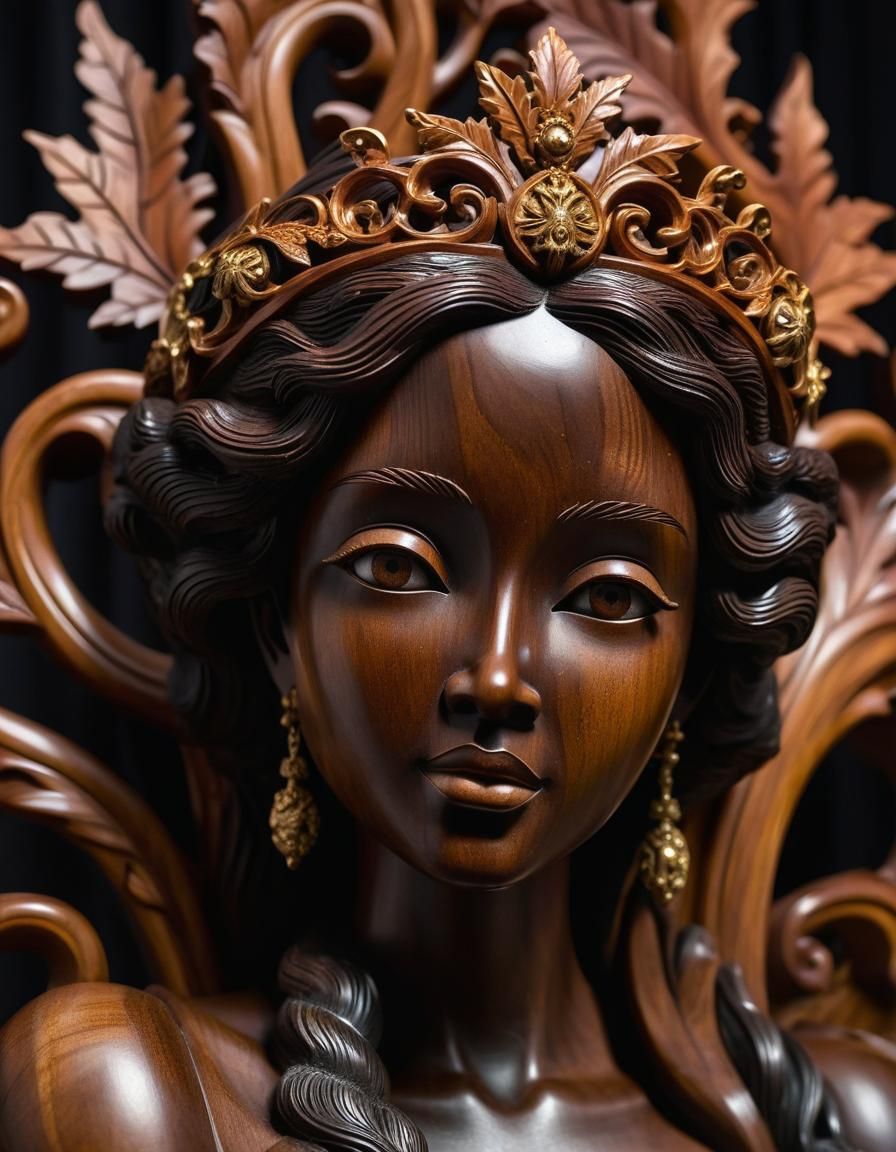 Baroque Wood Carving: Mahogany Princess on Ebony Throne