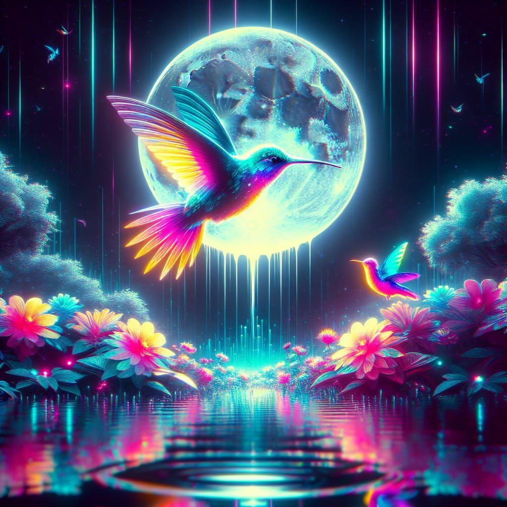 Dazzling Hummingbird in Synthwave Fairy Garden
