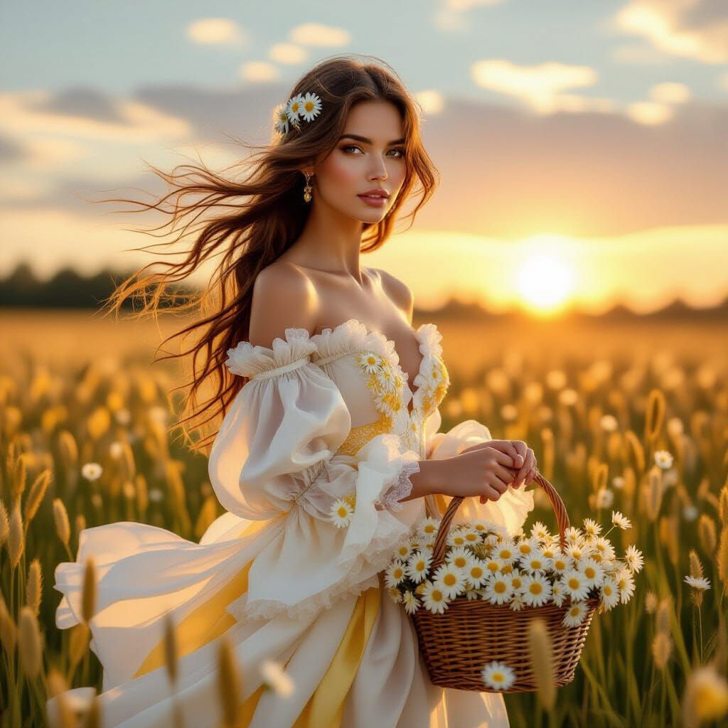 Golden Haired Woman in Daisy Field, Ethereal Portrait
