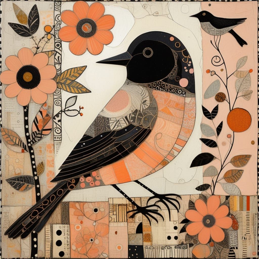 Bird Collage in Black and Peach