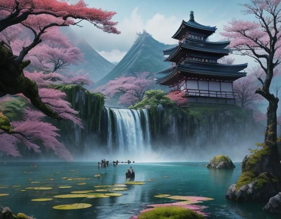 Epic Japanese Palace with Waterfall, Digital Art