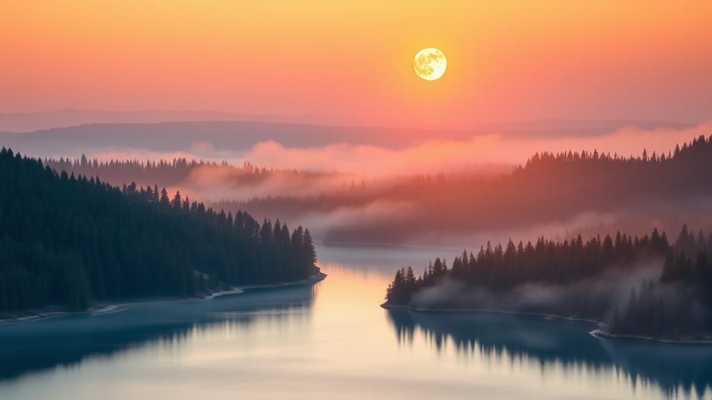 Twilight Lake and Forest: A Romantic Landscape Painting