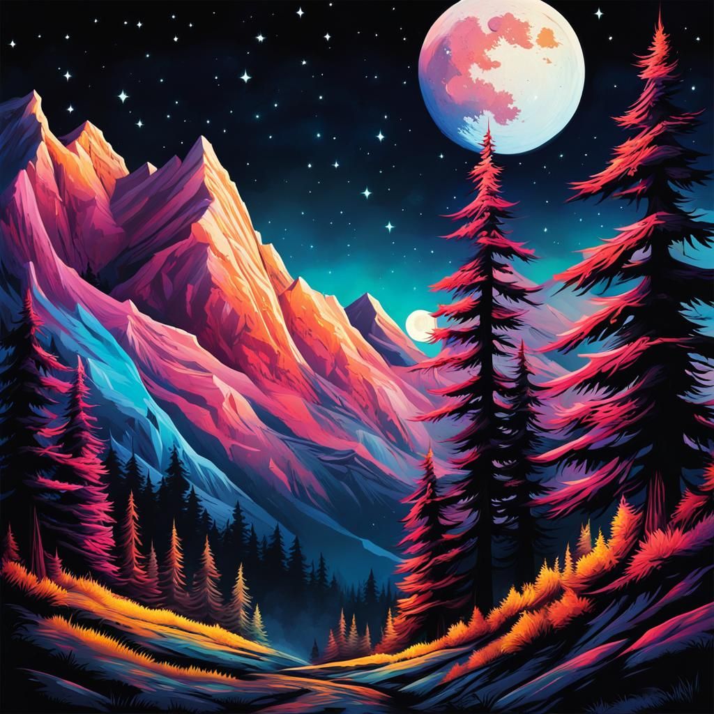 Mountain Nightscape in Graffiti Art Style