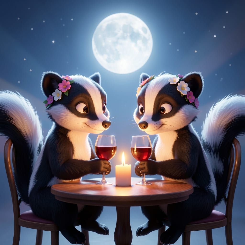 Romantic Skunks in Love Enjoying Wine Under Moonlight