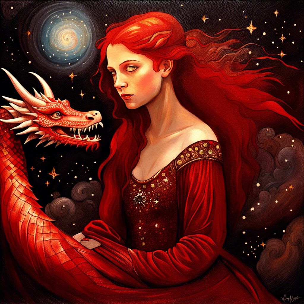Girl with Dragon Familiar in Renaissance Oil Painting