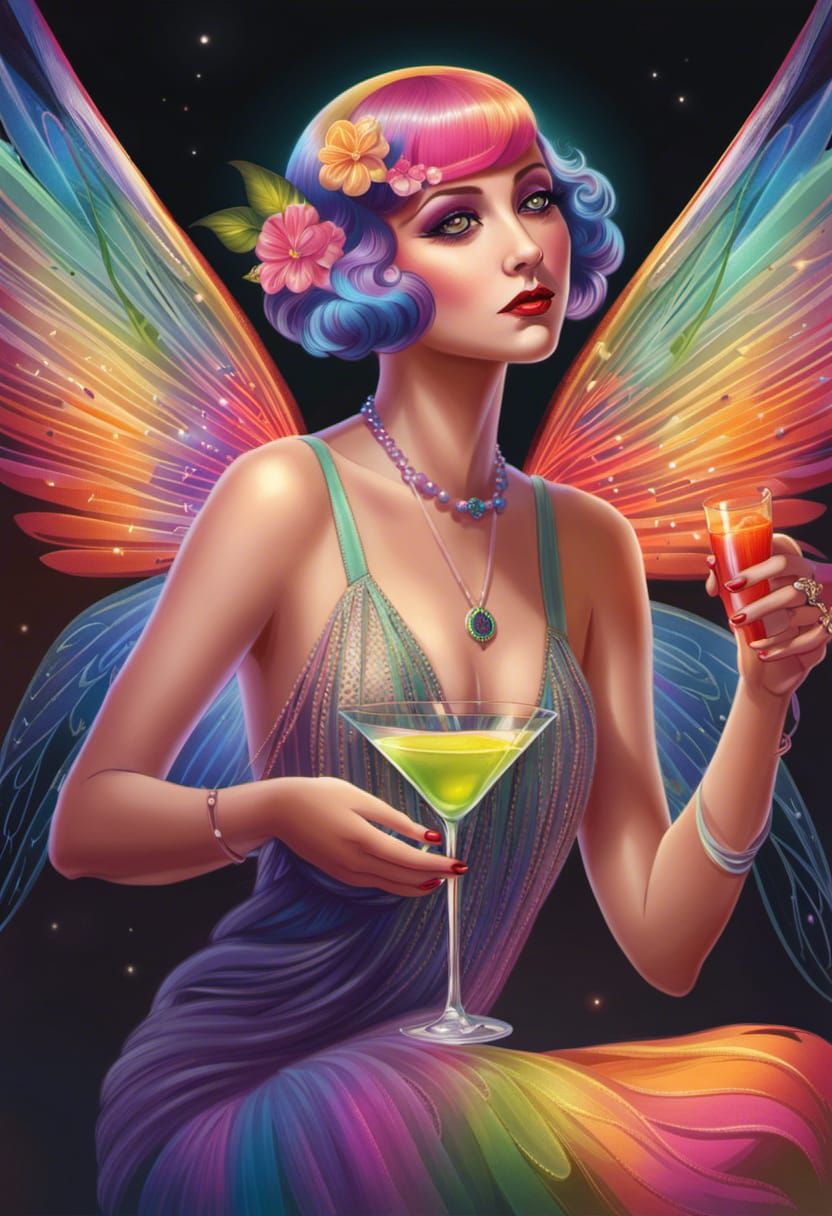 Art Deco Fairy Flapper Portrait with Rainbow Drink
