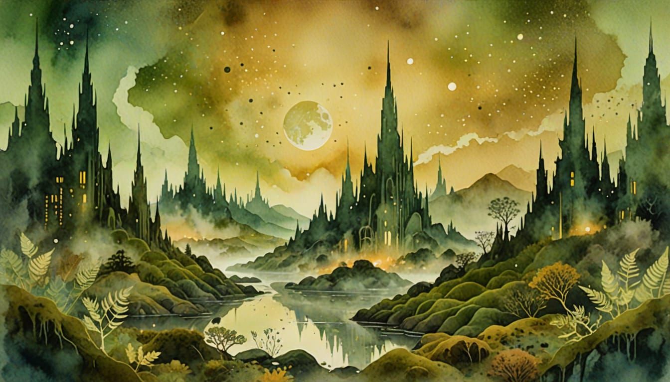 Serene Alien City at Dusk: Mixed Media Collage