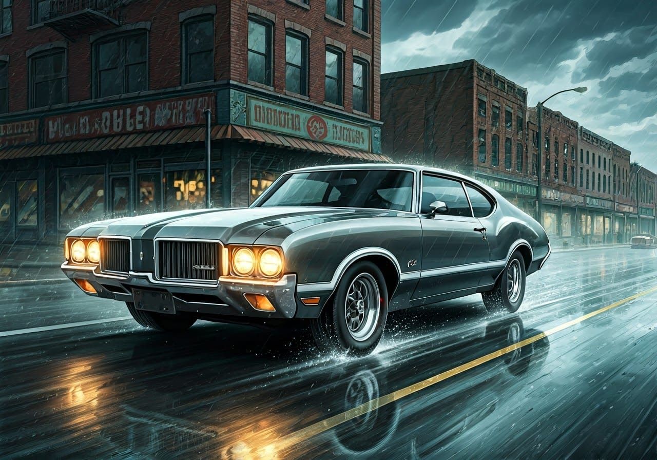 Oldsmobile 442 Speeds Down Detroit Street in Noir Style
