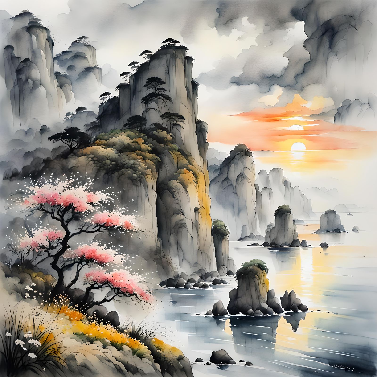 Coastal Cliffs Sunset in Watercolor Style