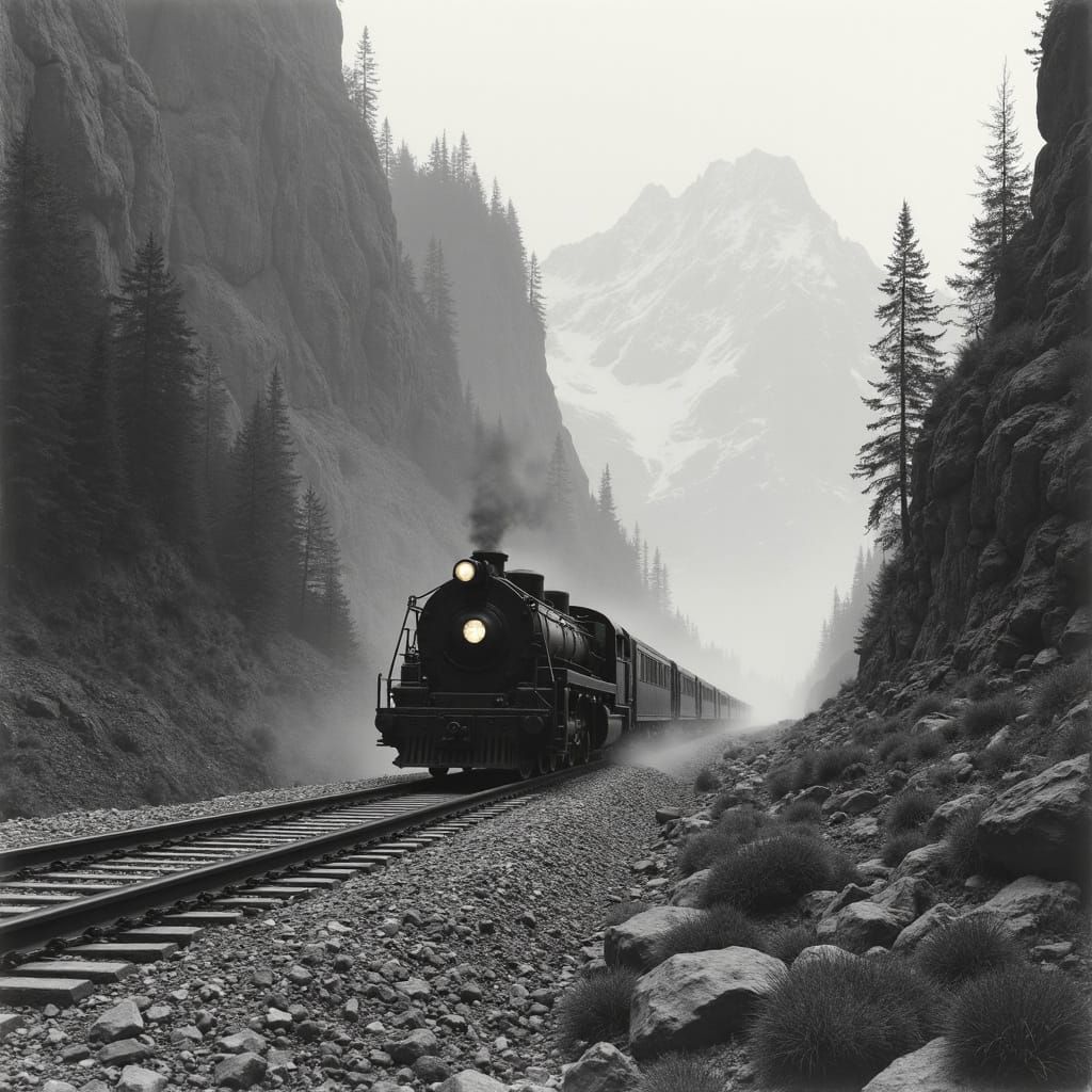 Freight Train in Mountain Pass Charcoal Drawing