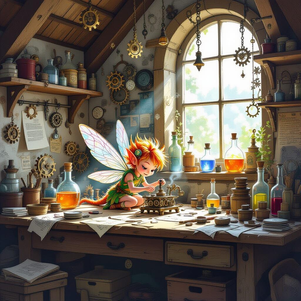 Cozy Inventor's Workshop with Sprite, Whimsical Storybook St...