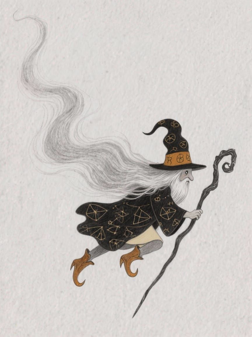 Evil Wizard Flying with Long Beard in Graphite Sketch Style