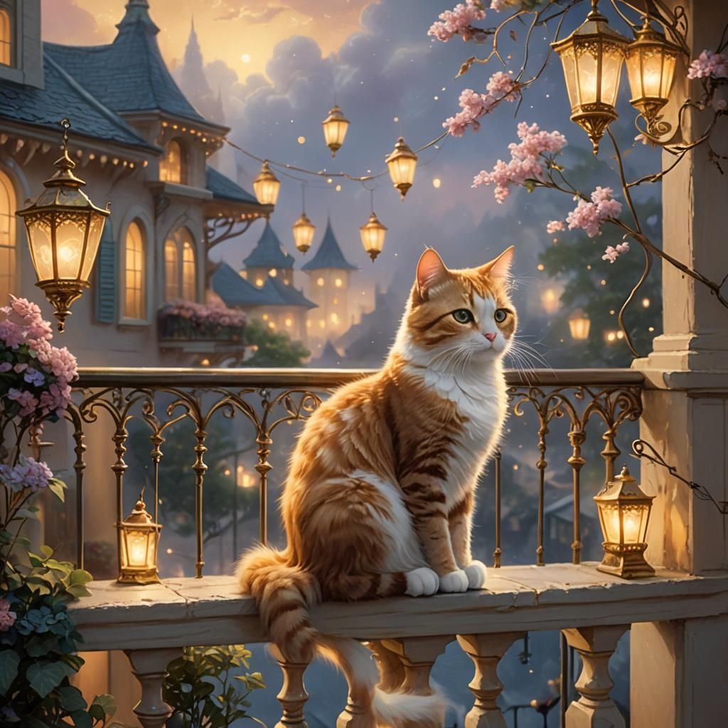 Enchanting Cat Balcony Scene in Fantasy Style