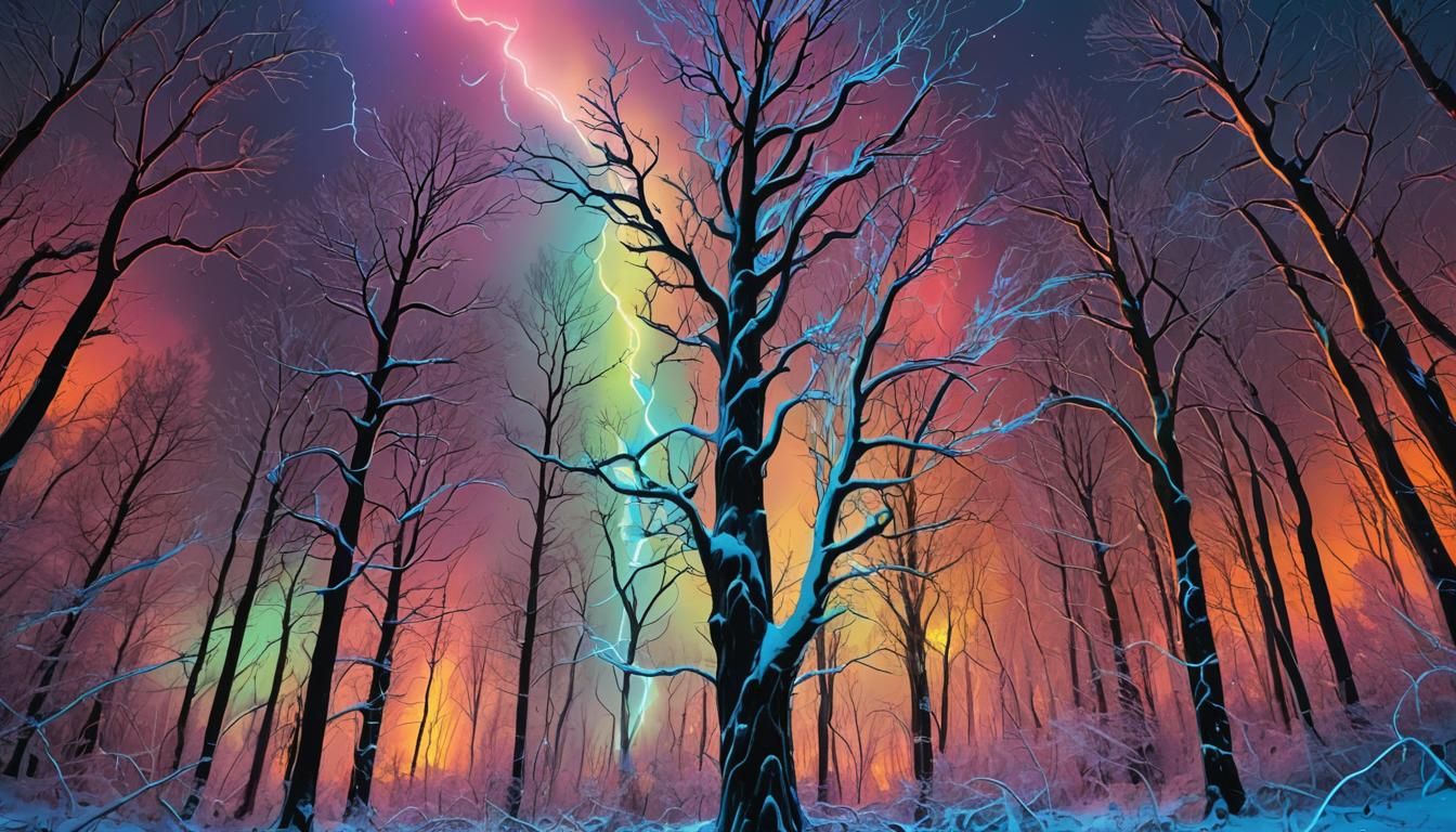 Neon Rainbow Forest in Icy Wind Storm