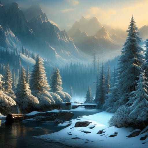 Winter Village Landscape in Art Nouveau Style