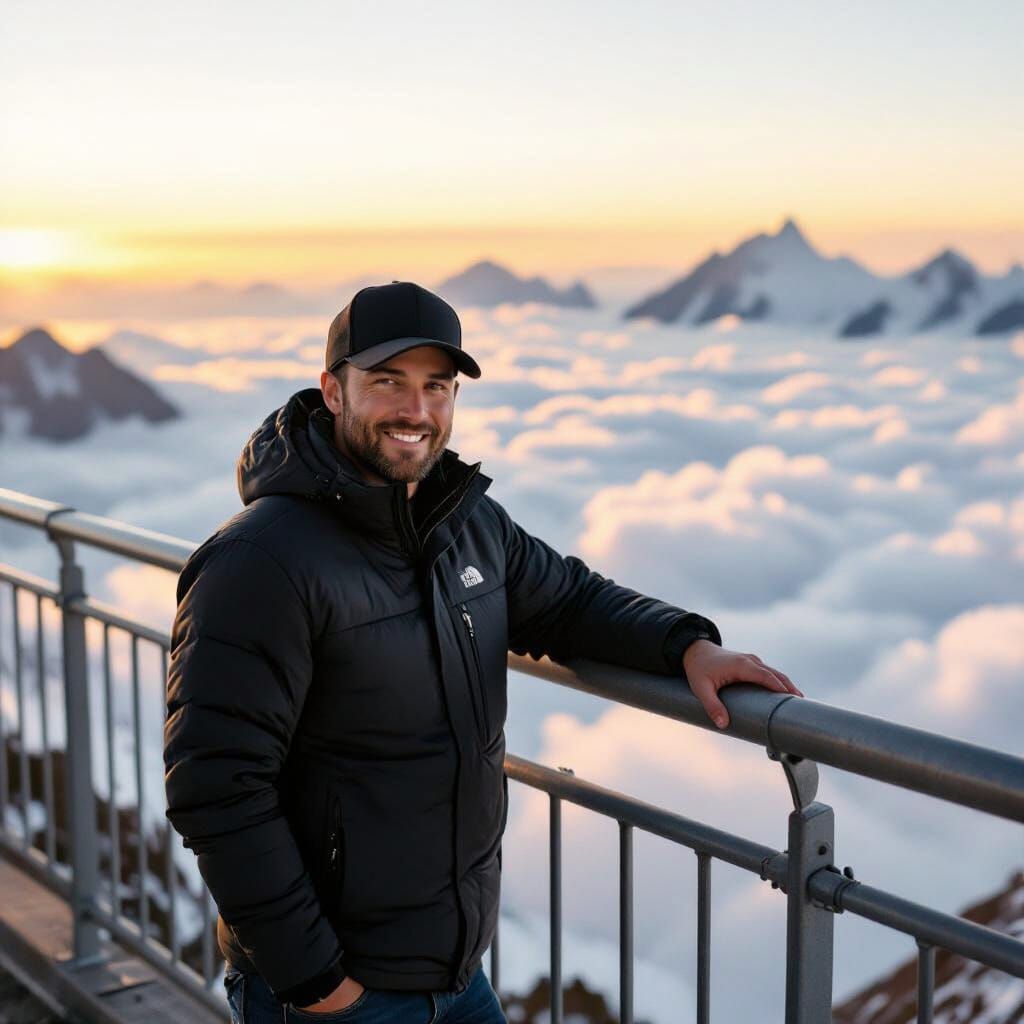 Man Smiles Proudly Over Cloud Sea at Sunrise