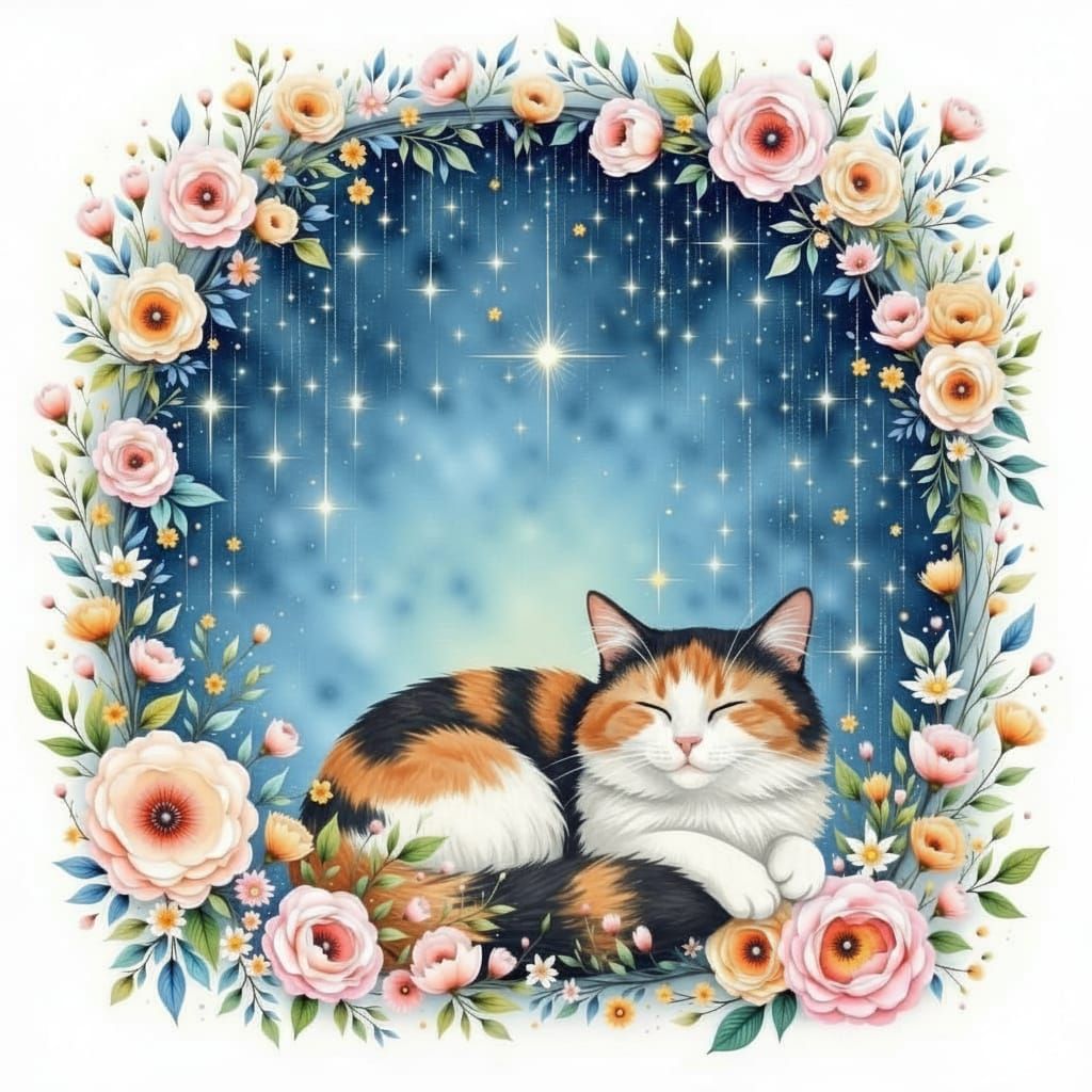 Calico Cat Among Stars with Rosy Frame