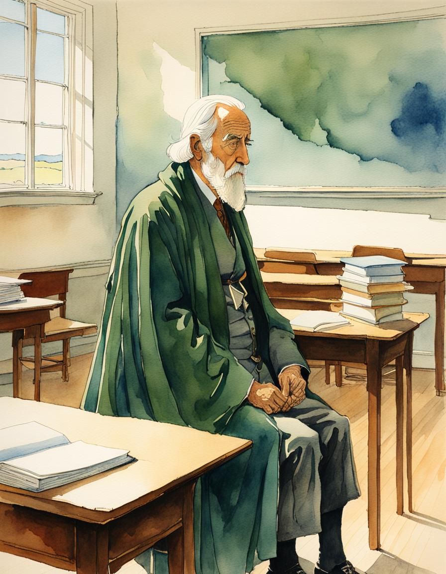 Watercolor Painting of a Wise Teacher in Classroom