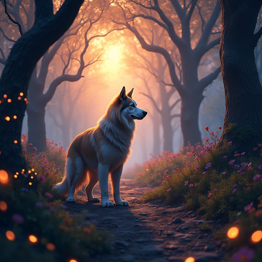 Regal Canine in Mystical Forest Landscape