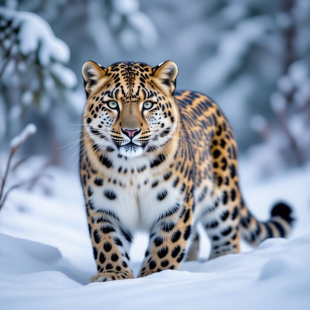 Amur Leopard Roaming Snowy Forest, Hyper-Realistic Style