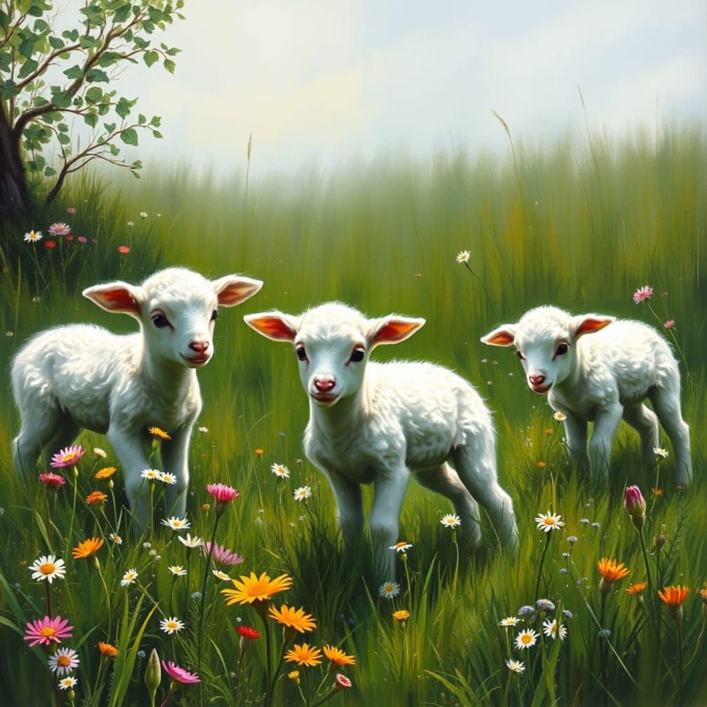 Lifelike Oil Painting of Lambs in Habitat