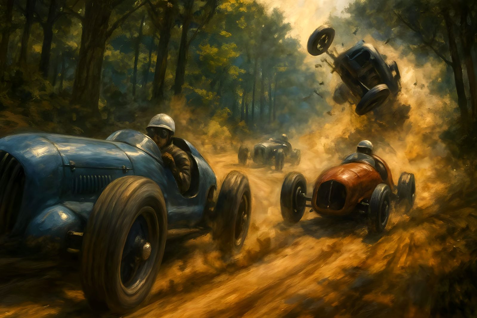 Vintage Race Cars on Dusty Forest Track