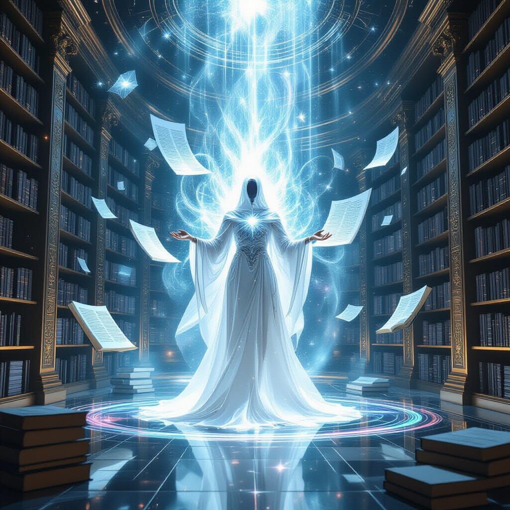 Luminous Cosmic Entity Radiates Knowledge in Surreal Library