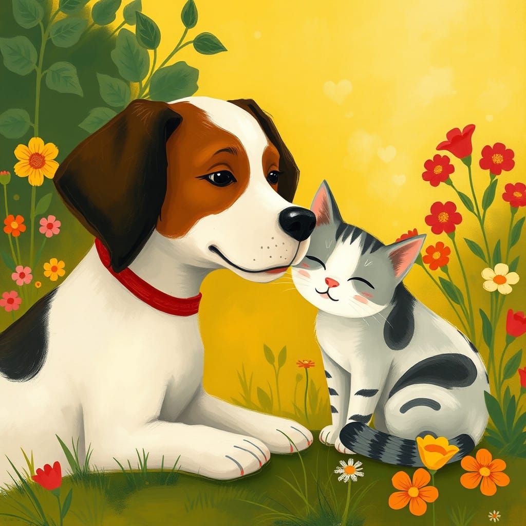 Whimsical Dog and Cat in Sunny Garden