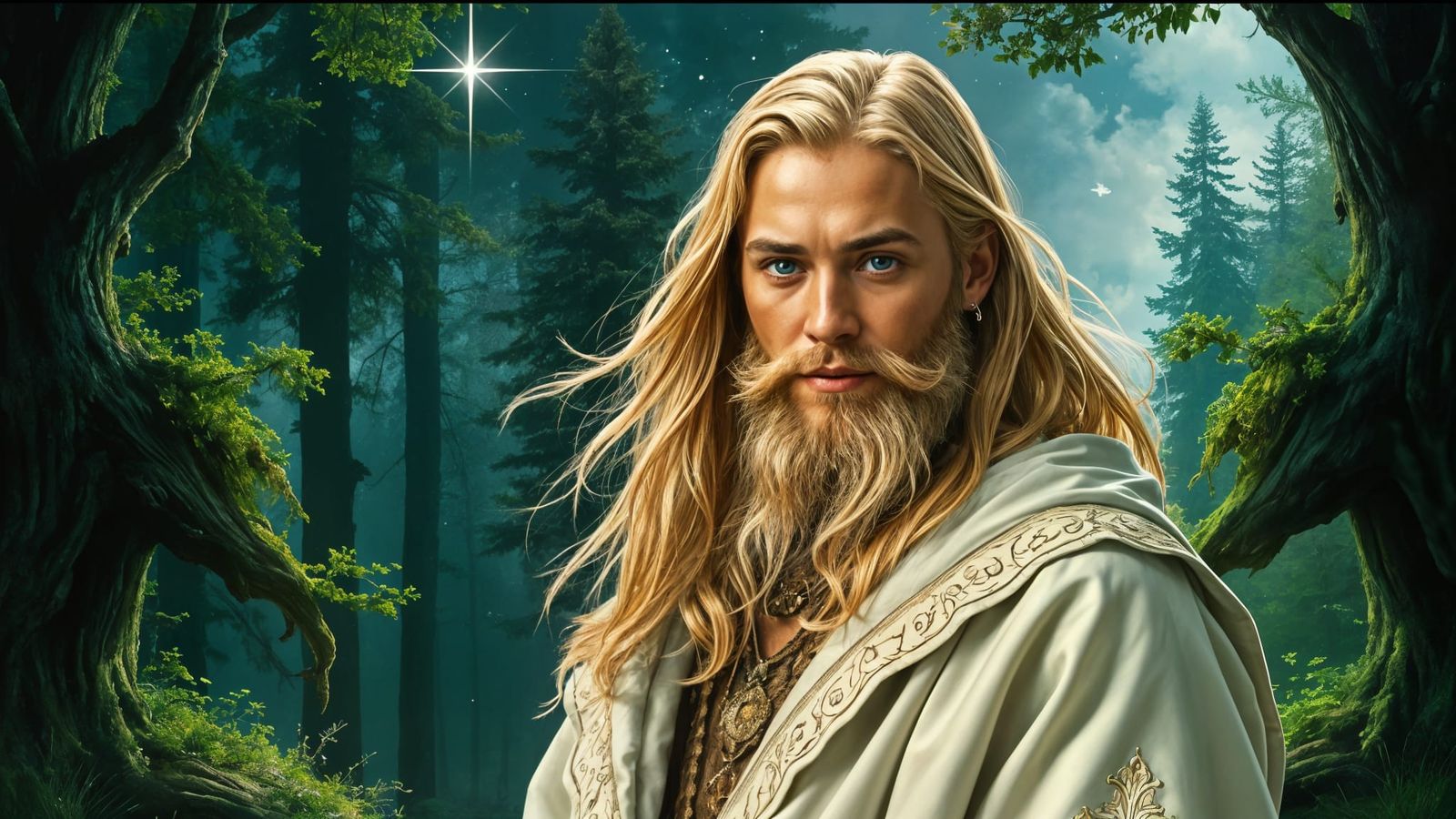 Handsome Druid in Forest Under Starry Night Sky