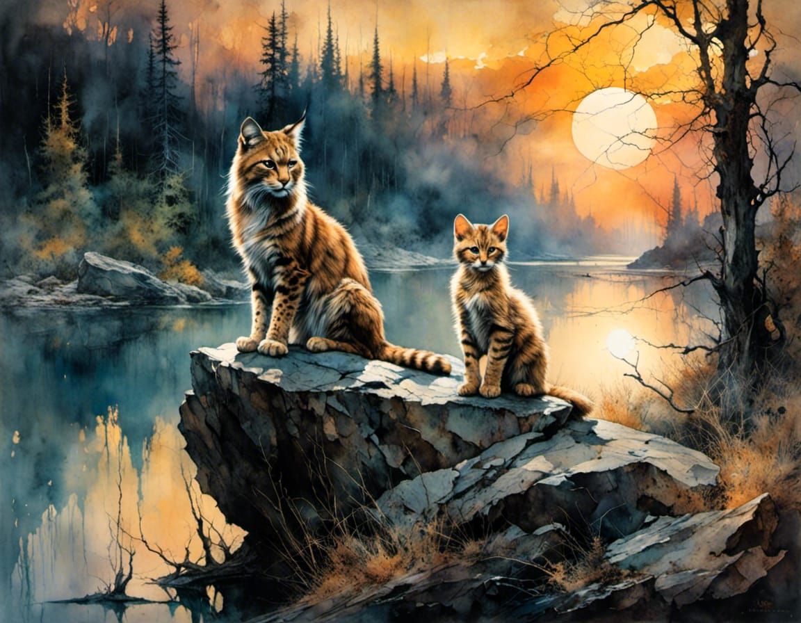 A Bobcat and kitten sitting on a rock in the forest, sunset, lake,