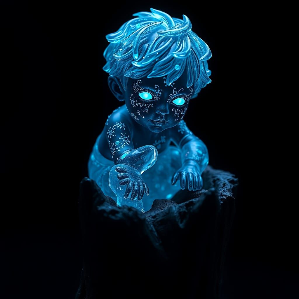 Bioluminescent Crystal Boy Sculpture on Tree Stump