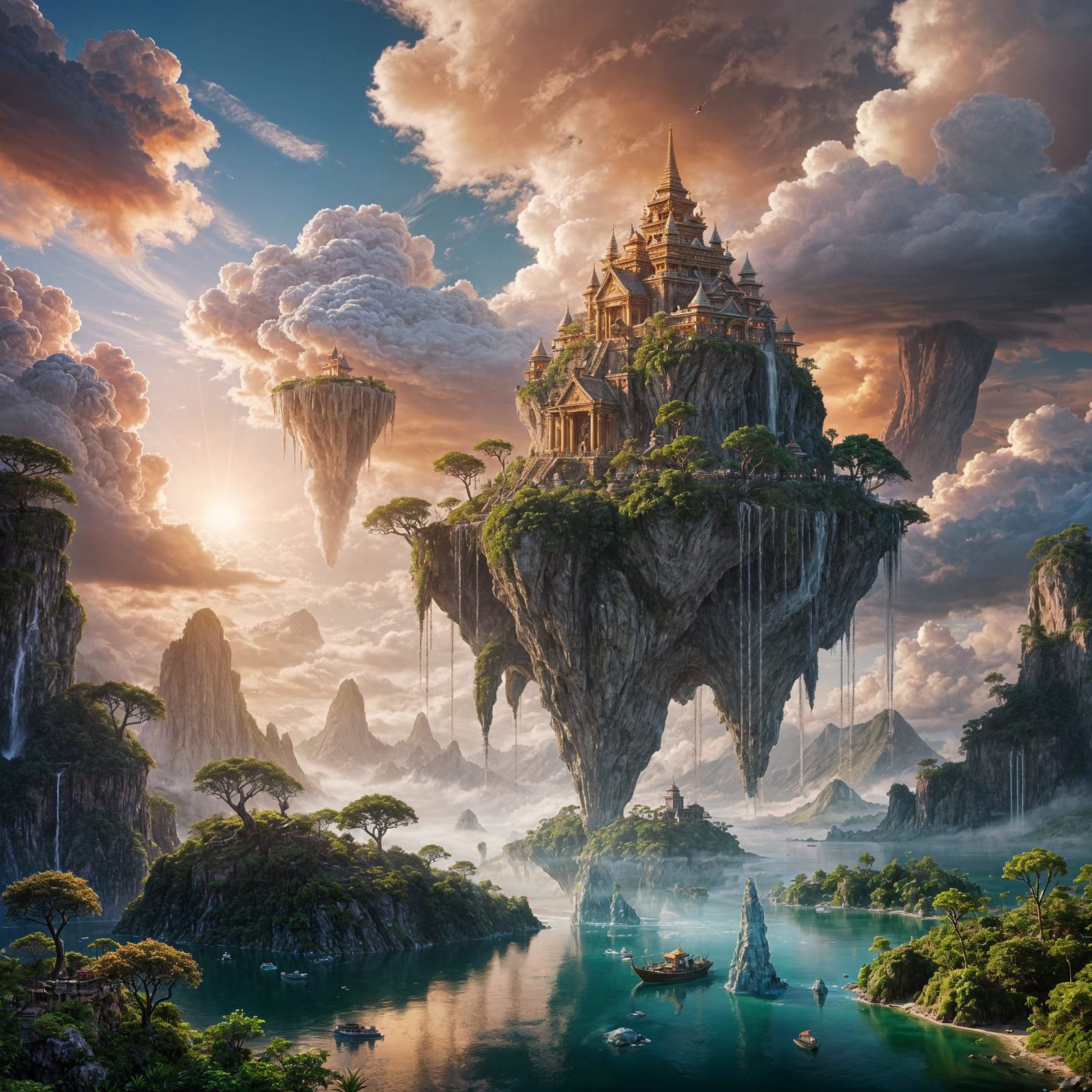 Fantasy Floating Islands in Vibrant Sky