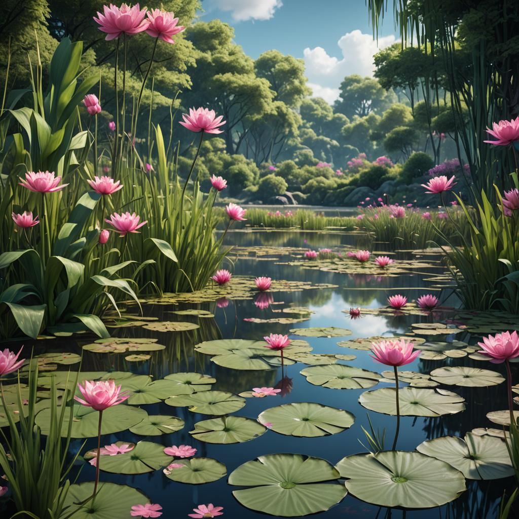 Peaceful Lilypad Lake with Pink Flowers: Detailed Matte Pain...