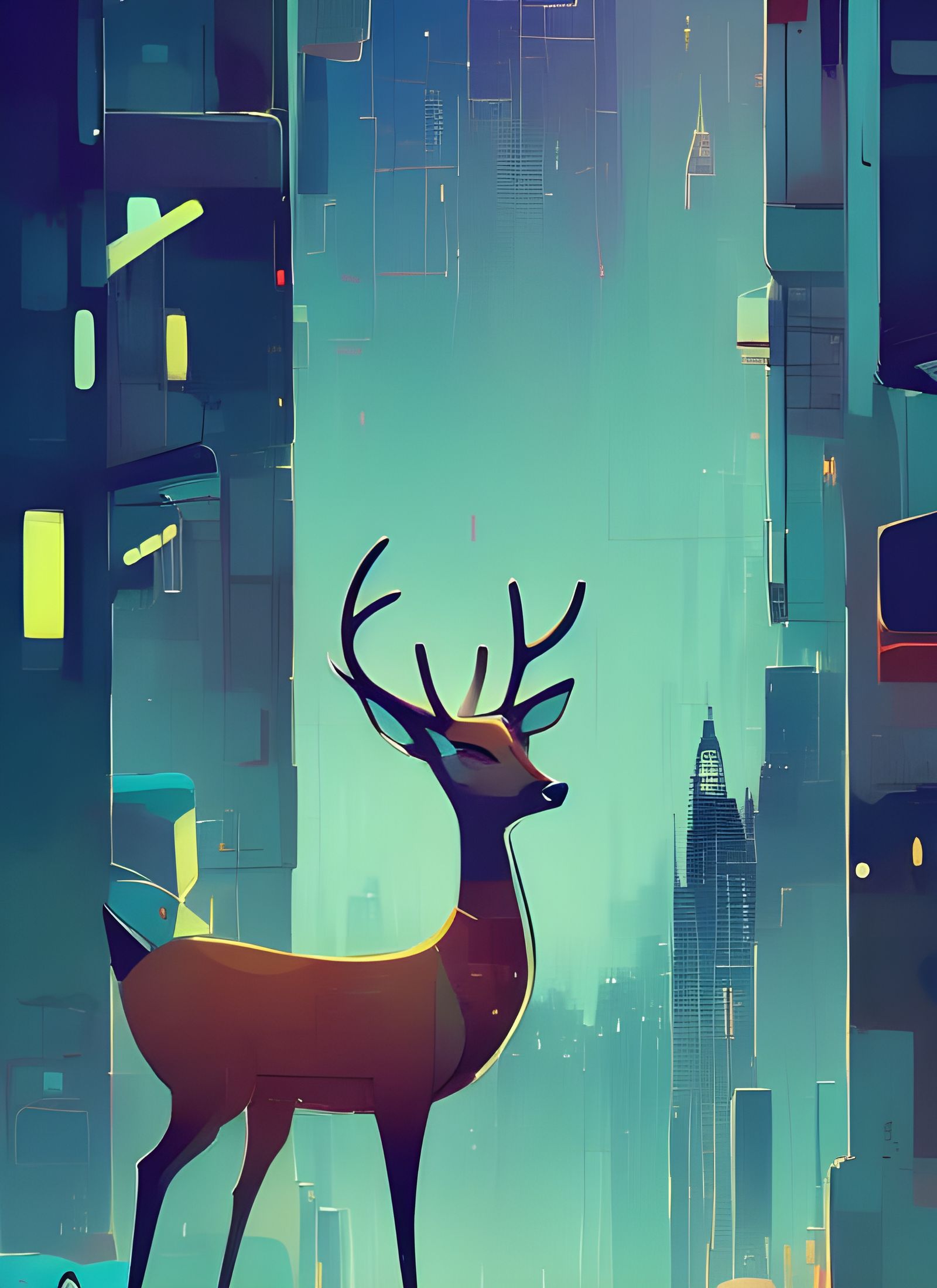 Deer in Suit, Composite Art Style Cityscape