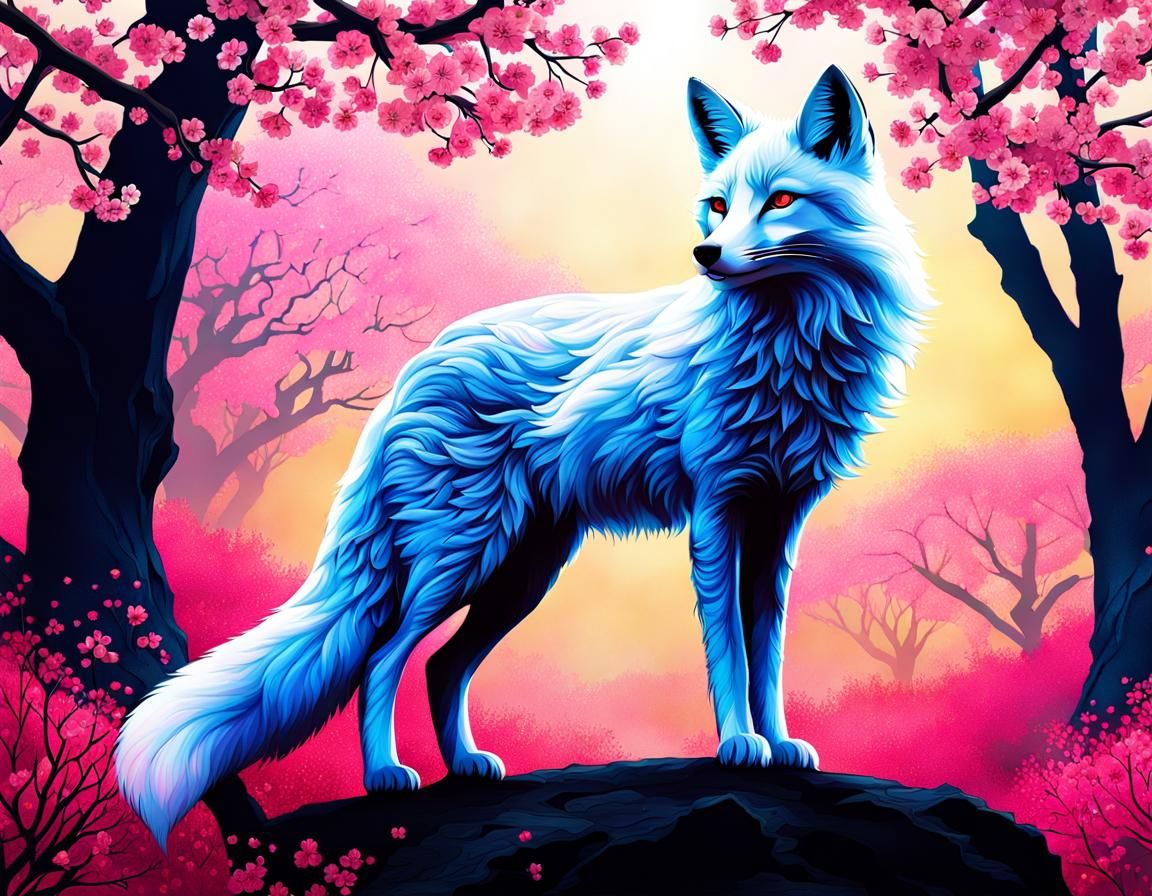 Mystical Cherry Blossom Fox Double Exposure Art