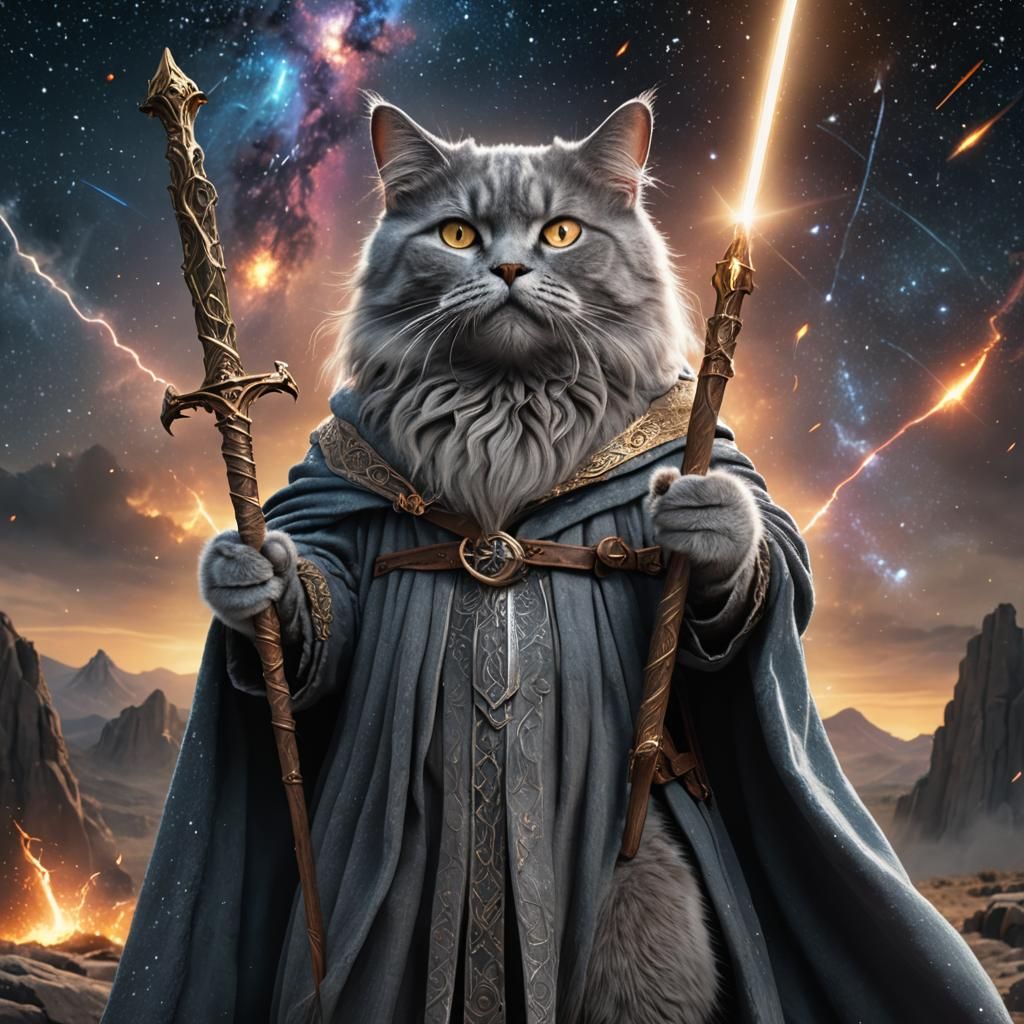 Grey Cat as Gandalf in a Galaxy, Digital Art