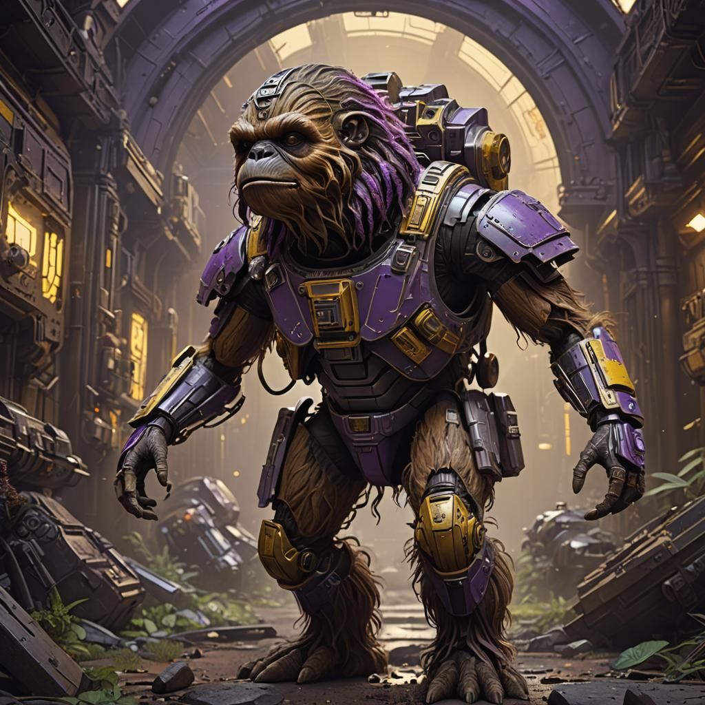 Armored Sci-Fi Alien-Wookiee Hybrid in Dark Fantasy Style