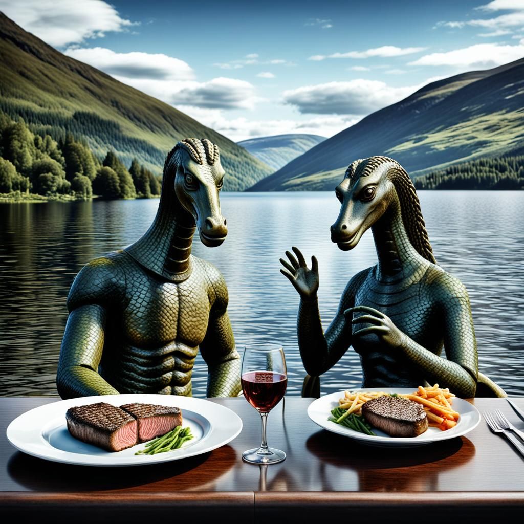 Romantic Loch Ness Dinner with Nessie, Hyperrealistic