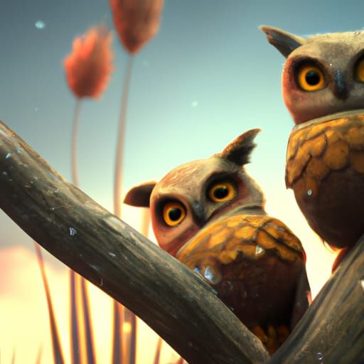 Owls on Branch in Detailed Matte Painting