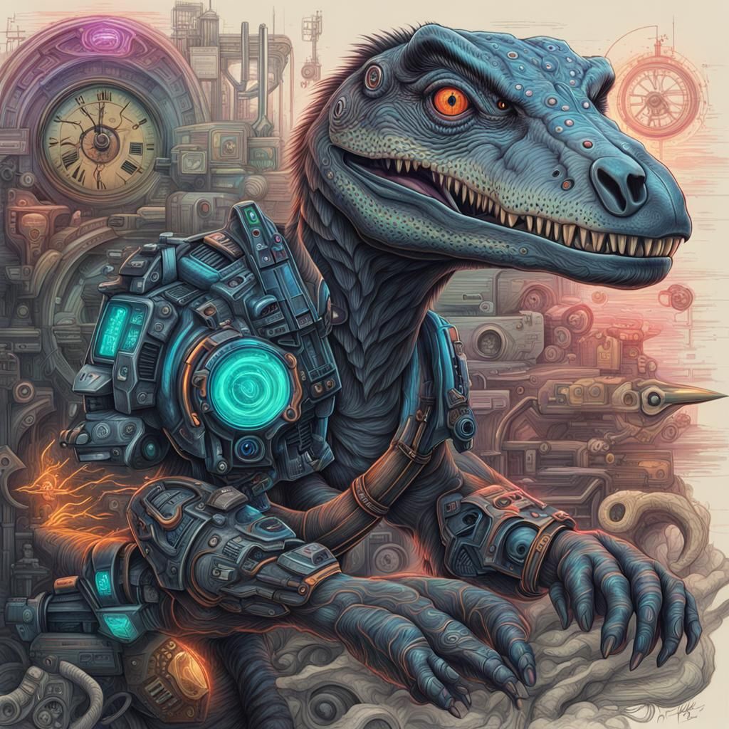 Biomechanical Velociraptor Bear Hybrid in Technical Sketch S...