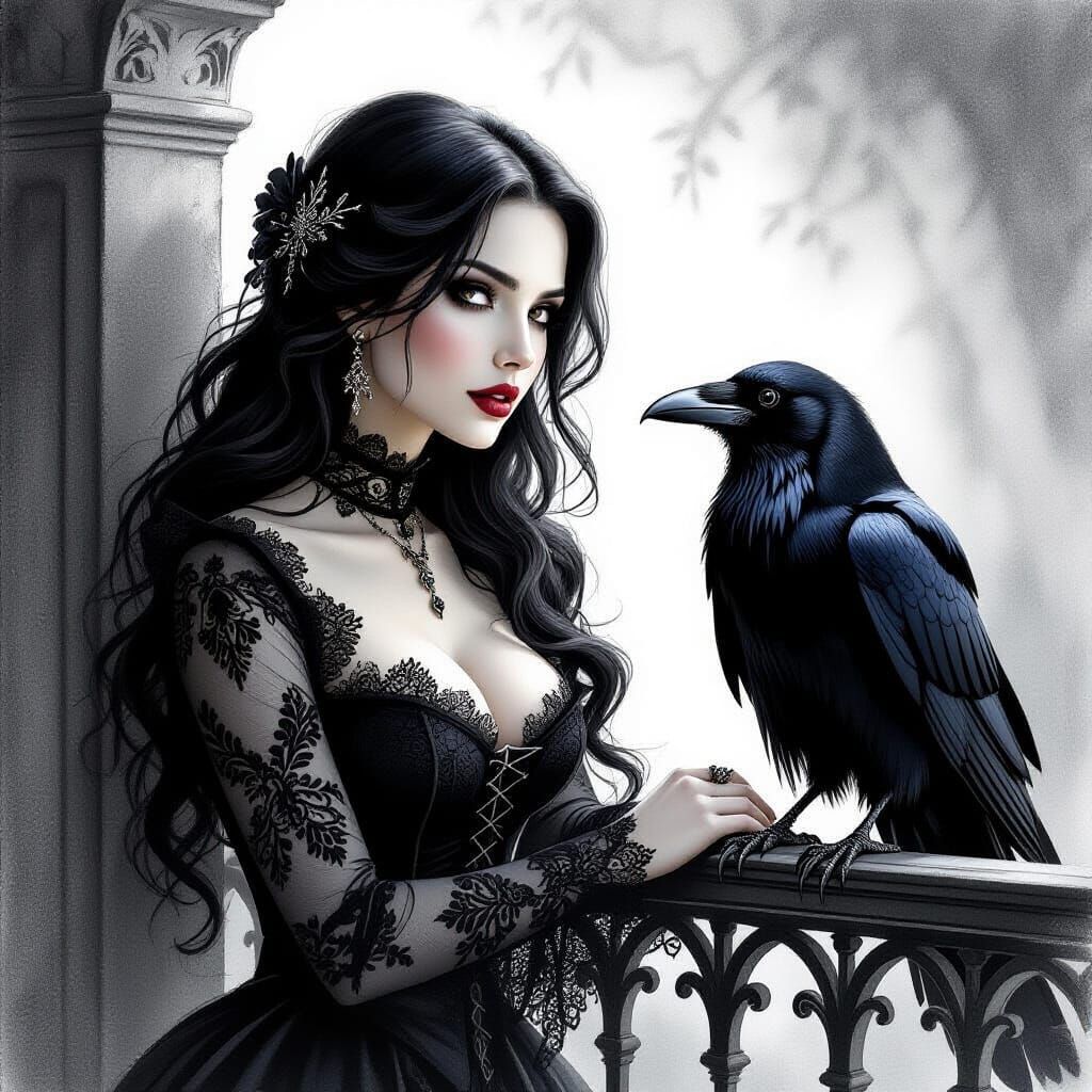 Gothic Woman and Raven on Balcony in Pencil Sketch Style