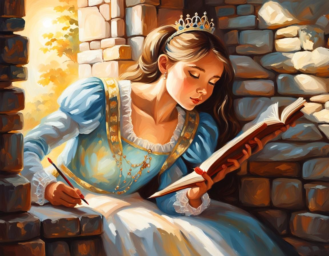 Princess Reading in Castle Window: Oil Painting