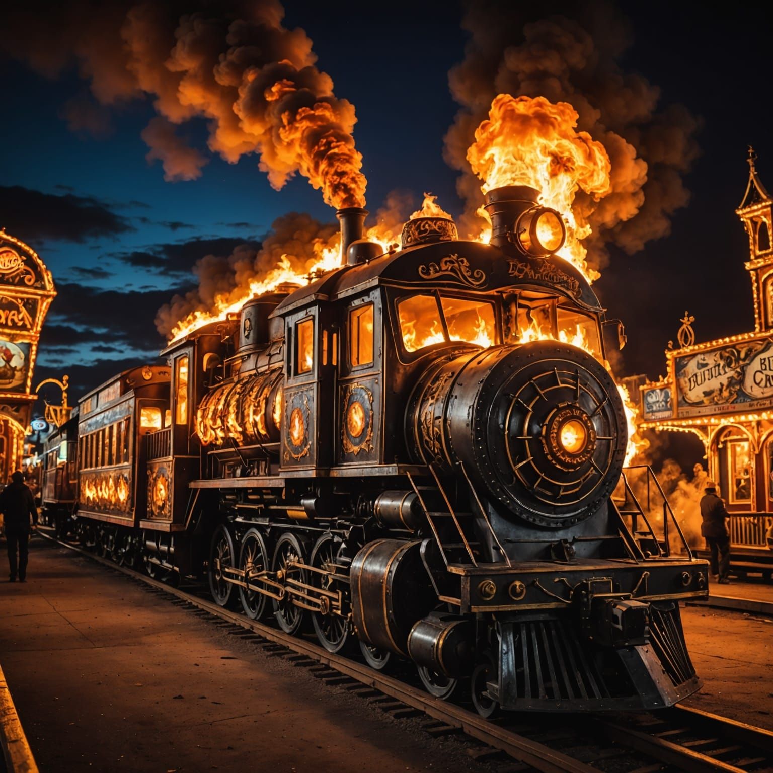 Burning Ghost Train at Haunted Carnival in HDR