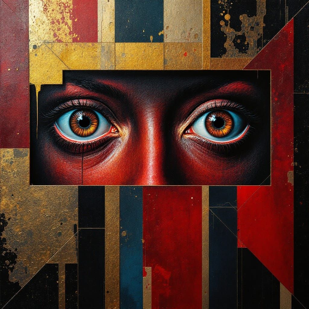 Surrealist Portrait of Eyes in Rich Jewel Tones and Geometri...