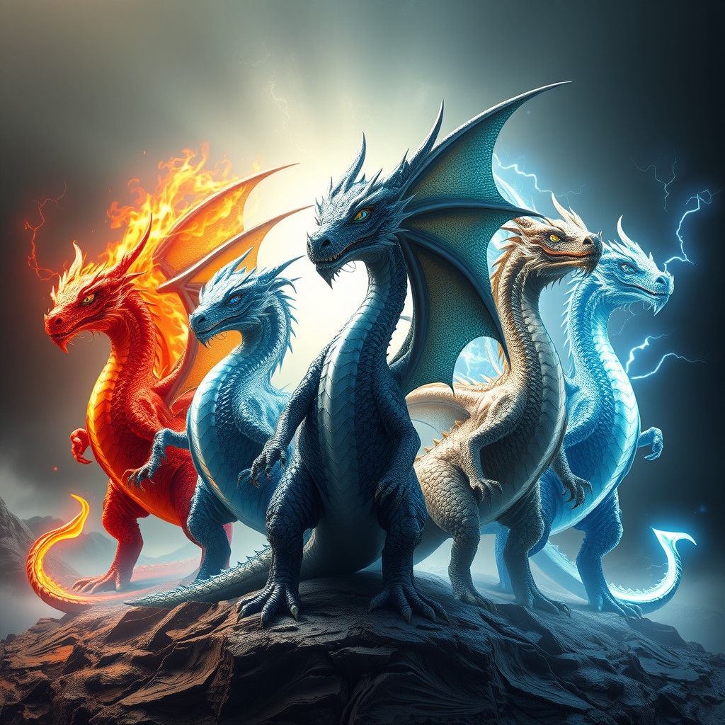 Elemental Dragons in Harmony: A Digital Art Piece