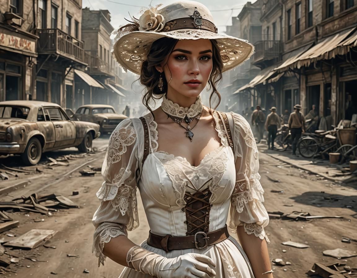 Elegant Woman in Ruined City, Acrylic Painting